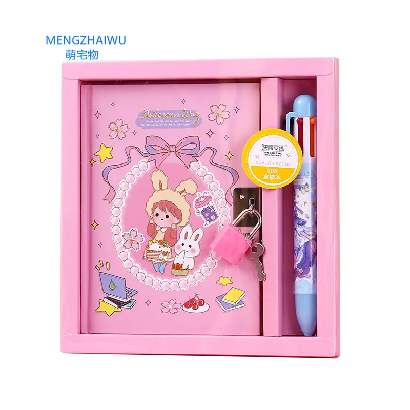 Kuwait hot sale personalized kids gifts stationery sets wholesale pink cartoon cute diaries for girl writing journal notebook