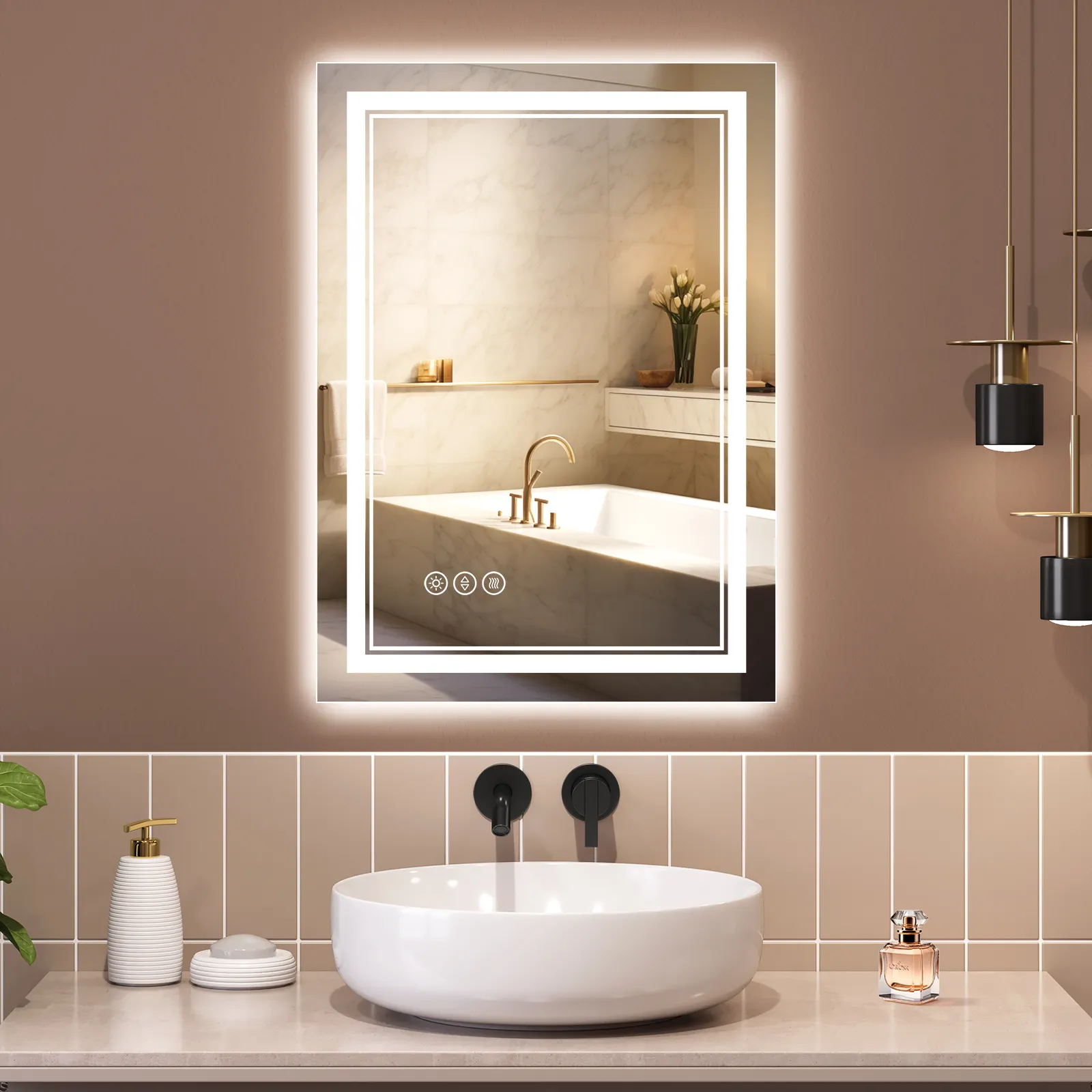 Modern stil banyo Vanity aydınlatma ayna akıllı dokunmatik ekran Anti sis ayna banyo aynası ile Led ışık