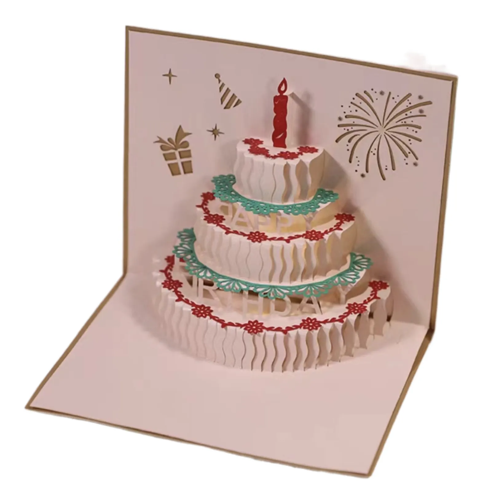 Cumpleano بيع بالجملة مخصص طباعة كعكة عيد ميلاد مضحك عيد ميلاد سعيد 3D منبثقة بطاقات معايدة مع مظاريف OEM