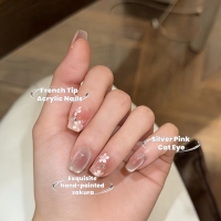 Uñas postizas de lujo Micoz, color rosa francés, edición limitada de temporada de flor de cerezo, con incrustaciones acrílicas hechas a mano, en formas almendradas/café cuadrado/cuadradas