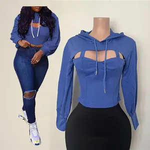 DGS023 Multifunctional Custom Crop Top Pullover Hooded Sweatshirt 2024 Spring Clothes For Wholesales