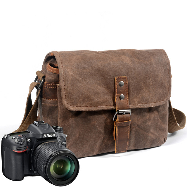 Outdoor Men's Photography Bags Professional Waterproof Waxed Canvas Camera Bags Messenger Bag With Leather Trim