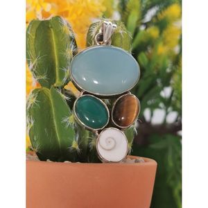 Pendentif multi-pierres précieuses en onyx bleu et vert, œil de tigre et œil de Shiva, en argent sterling 925, pour Noël - Product Image 1
