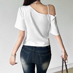 Maglietta Casual stile coreano stile Streetwear con scollo a Slash stampato a manica corta maglietta <span class=keywords><strong>Sexy</strong></span> da donna - Product Image 6