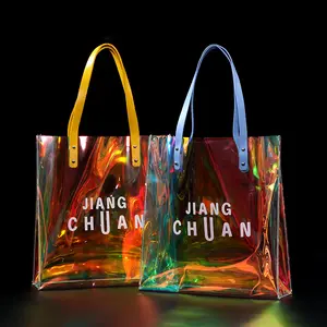 Summer Clear Laser PVC Shoulder Tote Shopping Bag Women Holographic Transparent PVC Beach Handbag with PU handle