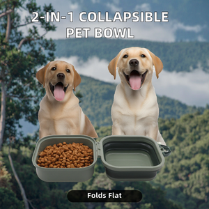 Portable 2-in-1 Double Silicone <b>Collapsible</b> Folding Dog Food and Water Bowl Automatic Feature for Pet Travel <b>Storage</b> - Product Image 2