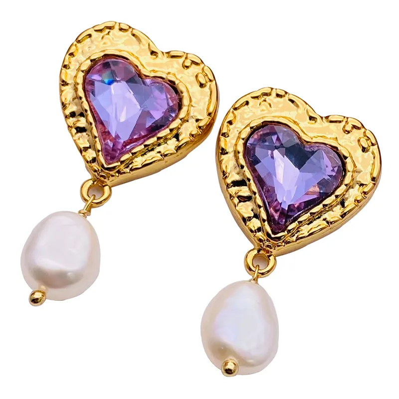 Fashion Pearl Pendant Shining Jewelry Gift Fashion Korean Purple Love Heart Crystal Earrings for Women