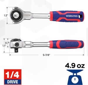 Juego de Llaves de Trinquete con Cabeza Flexible WORKPRO, Accionamiento de 1/4'', 72 Dientes, Liberación Rápida, Cabeza de Cromo-Molibdeno, <span class=keywords><strong>Llave</strong></span> Inglesa Ajustable de 270 Grados - Product Image 4