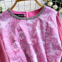 Robe décontractée élégante pour femme WIWT, imprimé floral rose, coupe trapèze, manches longues bouffantes, col orné de strass, longueur midi, pour tous les jours et les soirées