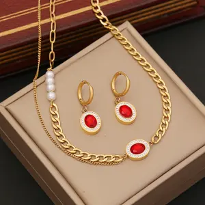 Red Zircon Stones Pearl Pendant Necklace Jewelry Sets for Ladies Stainless Steel Double Layered Ruby Necklace Bracelet Earrings