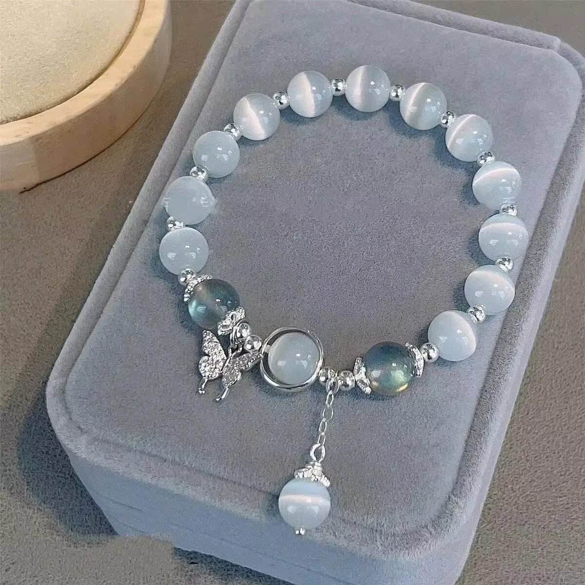 Braccialetti con ciondoli a farfalla opale blu regolabili con occhi di gatto a farfalla di moda calda