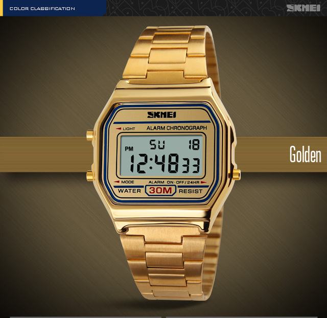 Skmei 1123 Hot Sale Alarm Square Led Display Sport Men Waterproof Stainless Steel Luxury Gold Digital Watch