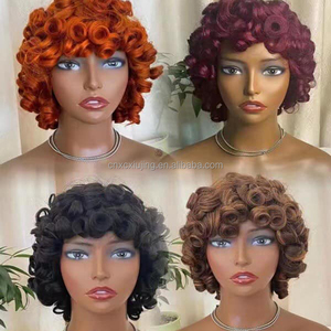 Perruque Courte Frisée et Volumineuse avec <span class=keywords><strong>Frange</strong></span> pour <span class=keywords><strong>Cheveux</strong></span> Brésiliens Remy Vierge, Perruque <span class=keywords><strong>Femme</strong></span> Noire Teinte 99J - Product Image 6