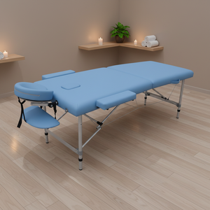 เตียงนวดพับได้ปรับระดับได้ อลูมิเนียมสีน้ำเงินคุณภาพดีที่สุด พร้อมกระเป๋าสำหรับพกพา ใช้สำหรับทำทรีทเมนต์ใบหน้า เตียงนวดแบบพกพา - Product Image 1