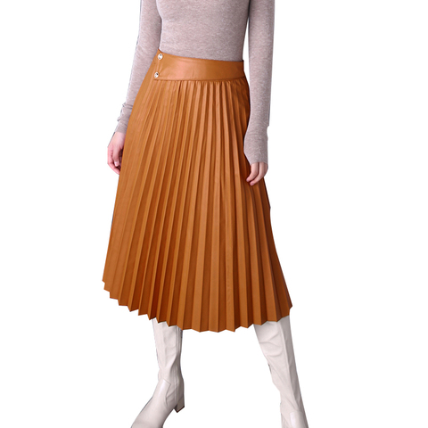 1345 New Fashion High Girdle Sheepskin Long Skirt Large Swing Genuine Leather Pleated Skirt