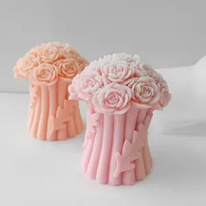 J1239 Flower Luxury Unique Wedding Gift Table Decoration Peony Floral Bouquet Pillar Silicone Craft Home Decor Candle Mold