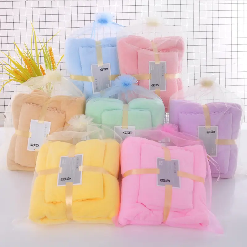 Wholesale 2-pack Gift Bags Custom Coral Fleece Soft Absorbent Microfiber Bath Face Towel Sets
