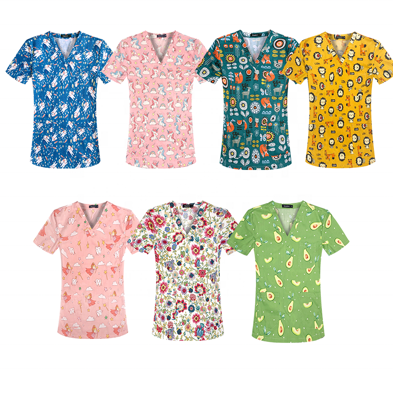 Men Women V Neck Nurse Uniforms Printed T Shirt Short Sleeve Dental Oral Doctor Pet Hospital Uniform Top Scrubs Tops T Shirts