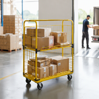Chariot de picking industriel jaune à 2 niveaux avec roues, en treillis métallique double face, pour entrepôt et usine