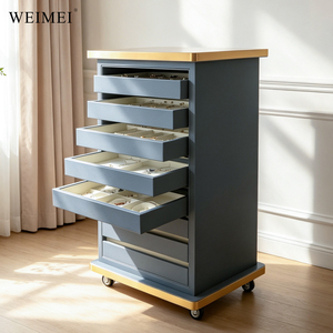 WEIMEI - Expositor de Joyería Móvil de Lujo en Azul Pizarra con Detalles en Dorado, con Ruedas Bloqueables y Bandejas para Exhibición - Product Image 1