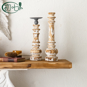 American Country Style Vintage Distressed <b>Candlestick</b> Wood Yellow Round Ironwood Wedding Lights Foyer Decoration - Product Image 4