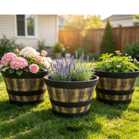 Pot de fleurs extérieur toutes saisons en plastique, design baril à vin, écologique, durable, style faux bois, pour la décoration de la maison, du balcon et du jardin