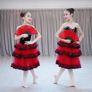 Costume da Balletto Spagnolo Rosso per Competizioni, Gonna Soffice, Don Chisciotte, Costume da Scena per Bambini - Product Image 5