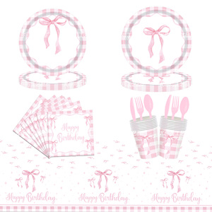 Pink Bow Birthday Party Dinnerware Set Paper Plates Napkins Cups <b>Tablecloth</b> 40-60 Pcs Environment Friendly Birthday Decorations - Product Image 1