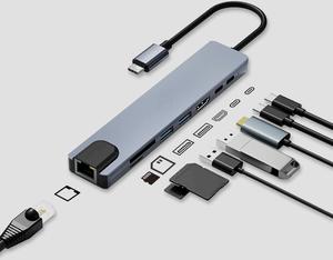 8 ב 1 usb c hub, מתאם multiport c usb c עם 4k hdmi, pd100w, יציאת usb c, usb 3.0, usb 2.0, rj45 ethernet, קורא כרטיסי sd/tf - Product Image 3