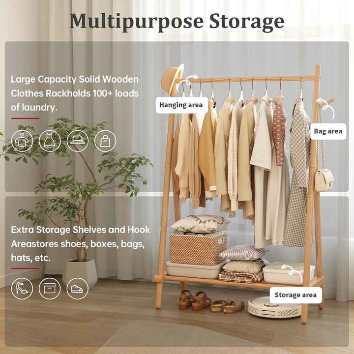 Solid Wood Clothes Rack, Clothing Rack with Shelf and Hook, Sturdy and ...