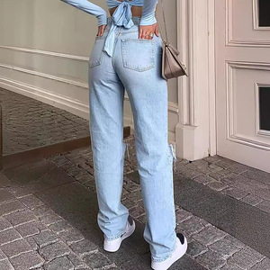 <span class=keywords><strong>Jeans</strong></span> a Vita Alta Comodi e Larghi da <span class=keywords><strong>Donna</strong></span>, Pantaloni Lunghi Casual Strappati alla Moda - Product Image 4