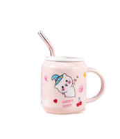 Vente chaude 390ml mignon tasse en céramique avec couvercle verre paille dessin animé lait café thé tasse tasse pour bureau à domicile utilisé