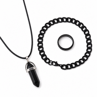 Ensemble de bijoux trois pièces Hip Hop pour homme : pendentif en quartz noir, collier en cuir, bracelet chaîne gourmette et bague