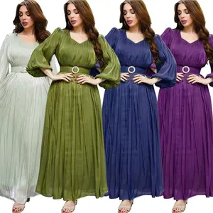 MQ047 modest dress Trendy shiny Silk Satin Dress Long Sleeve With Metal Belt Kaftan DubaiMaxi Party Dress For Muslim Women K