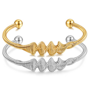 Brazalete abierto de acero inoxidable europeo americano de 4 mm con rosca, brazalete de acero titanio chapado en oro de 18 quilates para mujer, joyería de moda para regalo. - Product Image 1