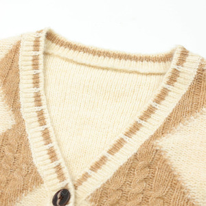 Áo cardigan len nữ dệt kim acrylic tùy chỉnh logo OEM & ODM, họa tiết kim cương, kiểu dệt jacquard, áo khoác ngoài nữ tính giản dị - Product Image 3