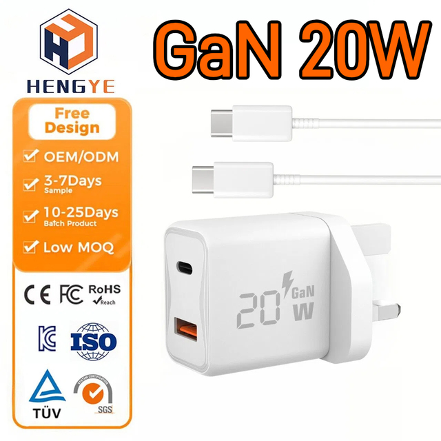 Wholesale Usb-c 20 w Charger Gan Cell Phone Fast Charger Original Uk 20w Charging Adapter with 3 Pins and Type c Cable