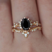 Anillo de Compromiso Clásico con Diamante Negro Romántico en Forma de Hexágono, con Incrustaciones de Piedras Naturales, Bañado en Oro Rosa sobre Plata 925 para Mujer