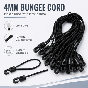 Cordon élastique de 4 mm avec crochet en plastique, corde élastique noire, noyau en latex, revêtement tressé en polyester, vente en gros - Product Image 1