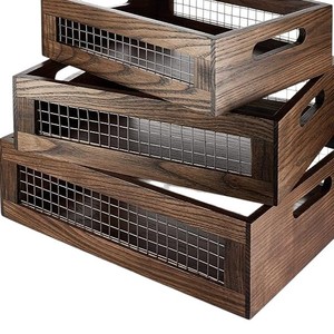 Solid Wood Carbonized Mesh <b>Storage</b> <b>Box</b> Rectangular Desktop Organizer Office Desk <b>Storage</b> Three Piece Set Distressed Home Decor - Product Image 2