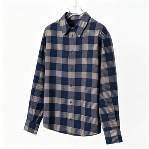 Chemise en flanelle à carreaux bleu marine et beige pour homme, manches longues, boutonnée, décontractée, en coton, avec poches poitrine - Product Image 4