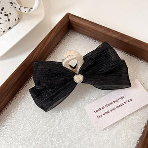 Horquilla vintage de gasa con lunares y lazo para mujer, accesorios para el pelo, clip de agarre grande con perla y diamantes de imitación, venta al por mayor - Product Image 3