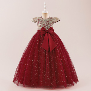 Robe de demoiselle d'honneur de luxe brodée à fleurs, manches volantées, robe de princesse tutu bouffante, costume de scène pour fête d'anniversaire de filles avec nœud - Product Image 2