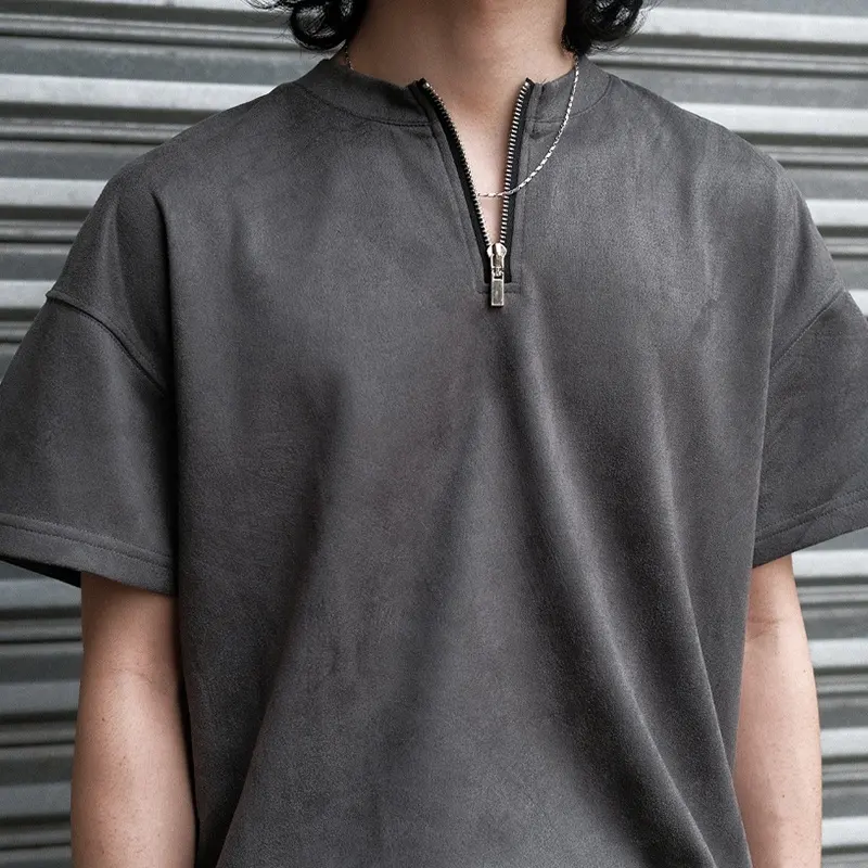 Custom heavyweight Zip T-Shirts Vintage High Street Streetwear suede Fitted Turtleneck Drop Shoulder Blank Zip T Shirt For Men