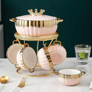 Nouveaux pots en céramique de Style nordique luxe bord or <span class=keywords><strong>vert</strong></span> rose blanc noir <span class=keywords><strong>pot</strong></span> à soupe en porcelaine avec bols support de rangement ensemble - Product Image 6