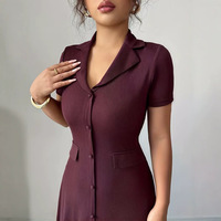Robe élégante pour femmes européennes et américaines, à col tailleur, taille cintrée, coupe trapèze, manches courtes, simple boutonnage