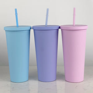 24oz doble pared de plástico mate a granel flaco vasos de acrílico de color pastel con tapas y pajitas - Product Image 4