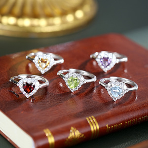 Anillos de Plata 925 con Cristal Tallado en Corazón de 6mm, Ajustables, con Piedra Natural, Baño de Oro Blanco, Antideslustre, Venta al Por Mayor - Product Image 3