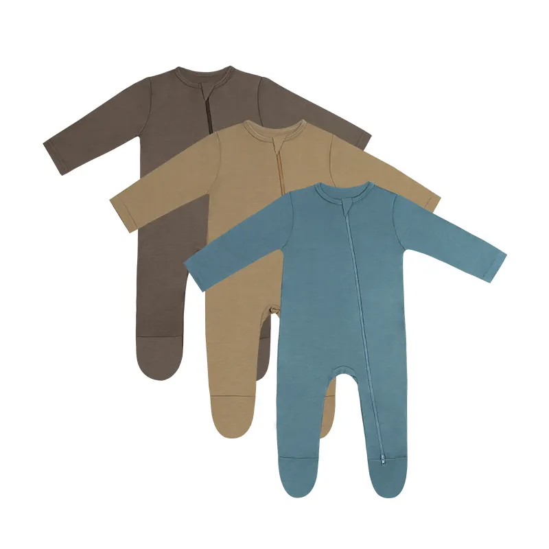 Großhandel benutzer definierte Amazon Hot Sale einfarbig Langarm Schlafanzug Baumwolle Bambus Baby Reiß verschluss Stram pler