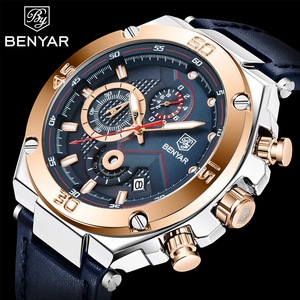 Benyar Men's Quartz Watch Three Dial Chronograph Stainless Steel Case Leather <b>Strap</b> 12mm 30M Waterproof Analog Display - Product Image 3